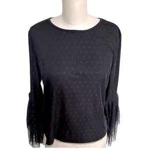 Women’s Y2K Black Dot Bell Sleeve Gauzy Blouse Party Cocktail Sheer Black Med
